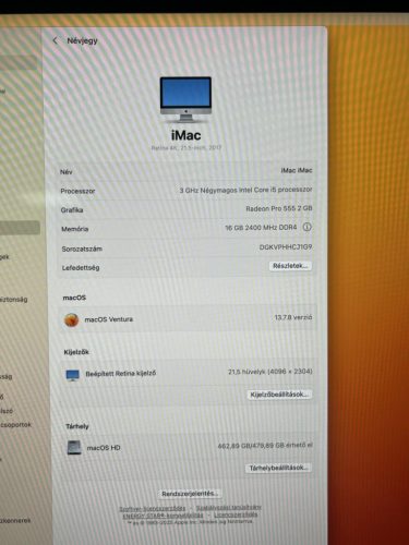Apple iMac 18,2 21.5" 4K Mid 2017 ( A2116 ) Core i5-7400  3.00 16GBGB RAM/ 480GB SSD  Radeon Pro 555X/2GB , Használt