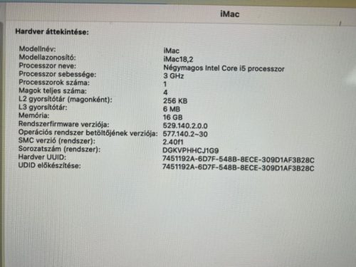 Apple iMac 18,2 21.5" 4K Mid 2017 ( A2116 ) Core i5-7400  3.00 16GBGB RAM/ 480GB SSD  Radeon Pro 555X/2GB , Használt
