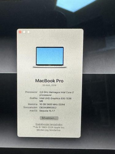 Apple MacBook Pro 15.4" Retina Touchbar Mid 2018 I7-8750H 16GB  / 256 SSD sötétszürke , FELÚJITOTT