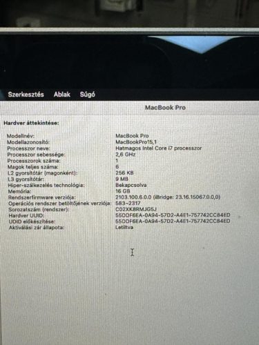 Apple MacBook Pro 15.4" Retina Touchbar Mid 2018 I7-8750H 16GB  / 256 SSD sötétszürke , FELÚJITOTT